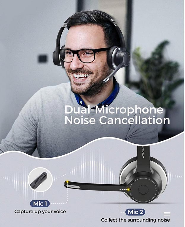 Casque stéréo réglable avec oreillettes soft et microphone intégré,  wireless V5.0, touches pour gestion appels et musique